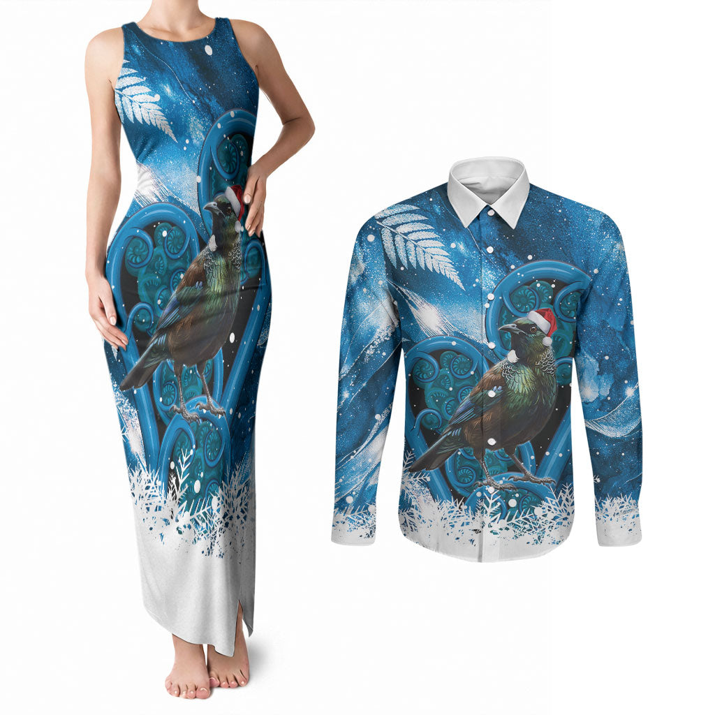 Tui Bird New Zealand Christmas In July Couples Matching Tank Maxi Dress and Long Sleeve Button Shirt NZ Aroha Koru Fern Marble Vibes LT14 Blue - Polynesian Pride