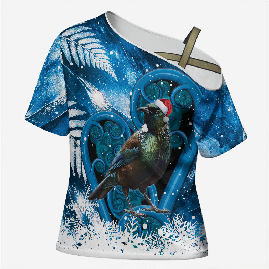 Tui Bird New Zealand Christmas In July Cross Shoulder Shirt NZ Aroha Koru Fern Marble Vibes LT14 Female Blue - Polynesian Pride