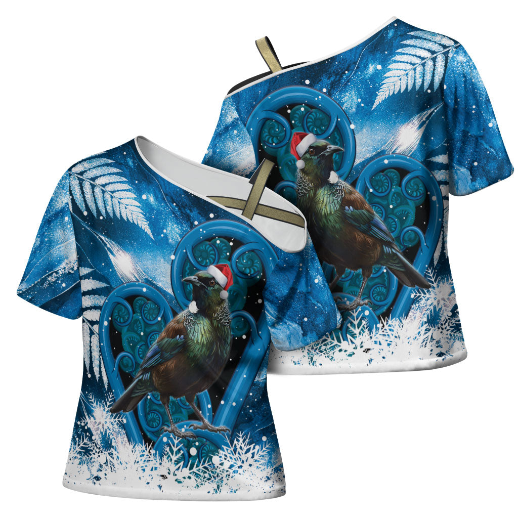 Tui Bird New Zealand Christmas In July Cross Shoulder Shirt NZ Aroha Koru Fern Marble Vibes LT14 - Polynesian Pride