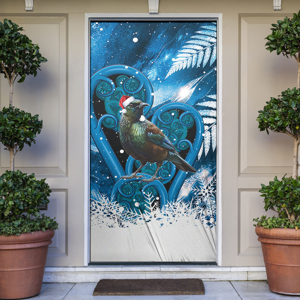 Tui Bird New Zealand Christmas In July Door Cover NZ Aroha Koru Fern Marble Vibes LT14 Blue - Polynesian Pride