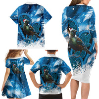 Tui Bird New Zealand Christmas In July Family Matching Long Sleeve Bodycon Dress and Hawaiian Shirt NZ Aroha Koru Fern Marble Vibes LT14 - Polynesian Pride