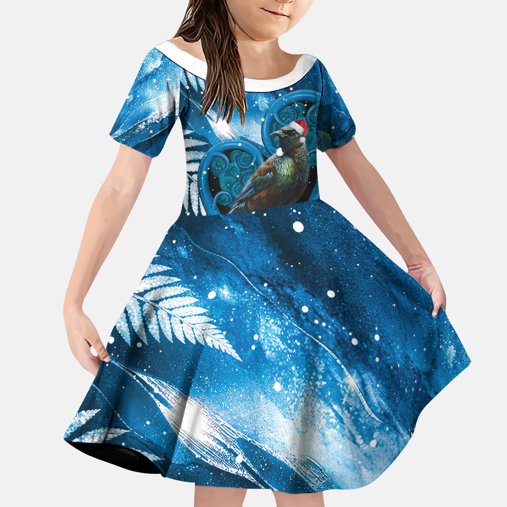 Tui Bird New Zealand Christmas In July Family Matching Off The Shoulder Long Sleeve Dress and Hawaiian Shirt NZ Aroha Koru Fern Marble Vibes LT14 Daughter's Dress Blue - Polynesian Pride