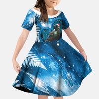 Tui Bird New Zealand Christmas In July Family Matching Puletasi and Hawaiian Shirt NZ Aroha Koru Fern Marble Vibes LT14 Daughter's Dress Blue - Polynesian Pride
