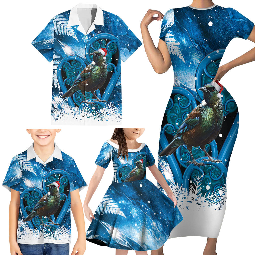 Tui Bird New Zealand Christmas In July Family Matching Short Sleeve Bodycon Dress and Hawaiian Shirt NZ Aroha Koru Fern Marble Vibes LT14 - Polynesian Pride
