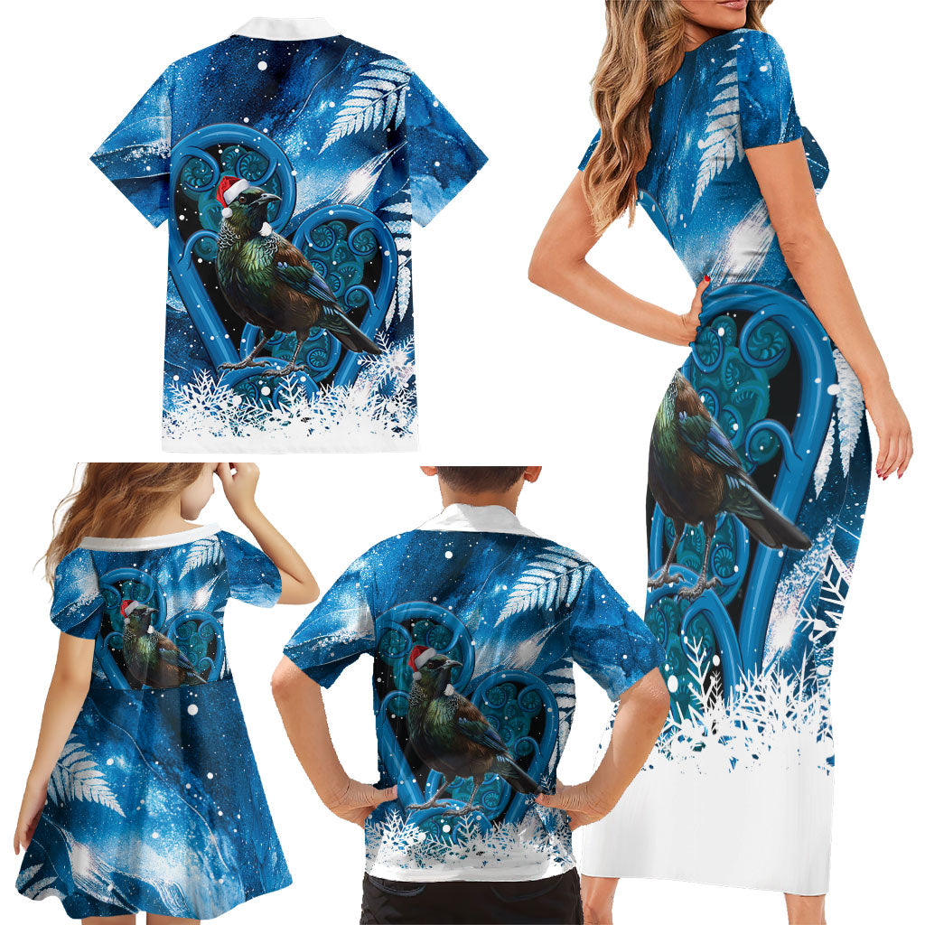 Tui Bird New Zealand Christmas In July Family Matching Short Sleeve Bodycon Dress and Hawaiian Shirt NZ Aroha Koru Fern Marble Vibes LT14 - Polynesian Pride