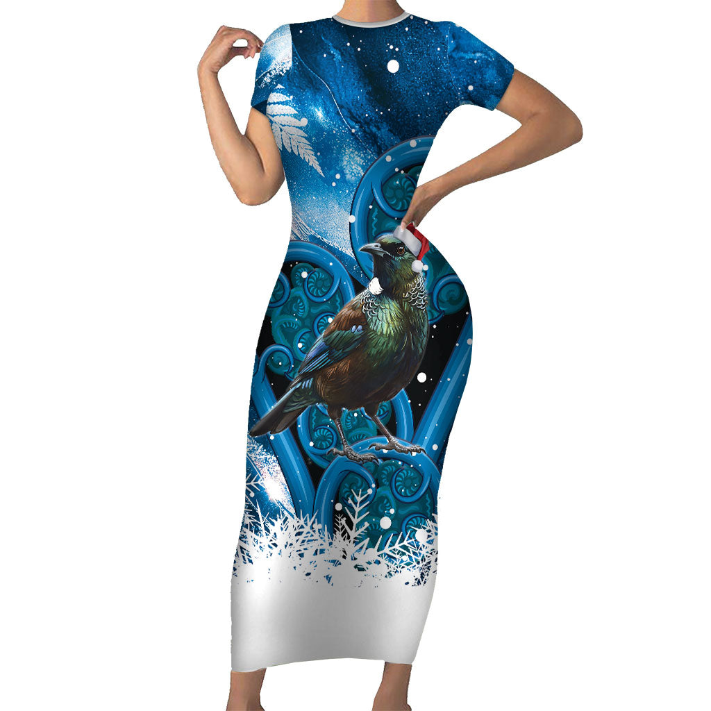 Tui Bird New Zealand Christmas In July Family Matching Short Sleeve Bodycon Dress and Hawaiian Shirt NZ Aroha Koru Fern Marble Vibes LT14 Mom's Dress Blue - Polynesian Pride