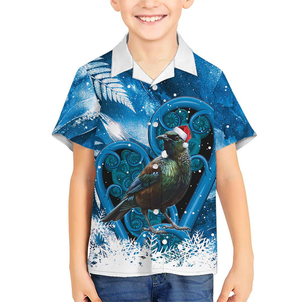 Tui Bird New Zealand Christmas In July Family Matching Tank Maxi Dress and Hawaiian Shirt NZ Aroha Koru Fern Marble Vibes LT14 Son's Shirt Blue - Polynesian Pride