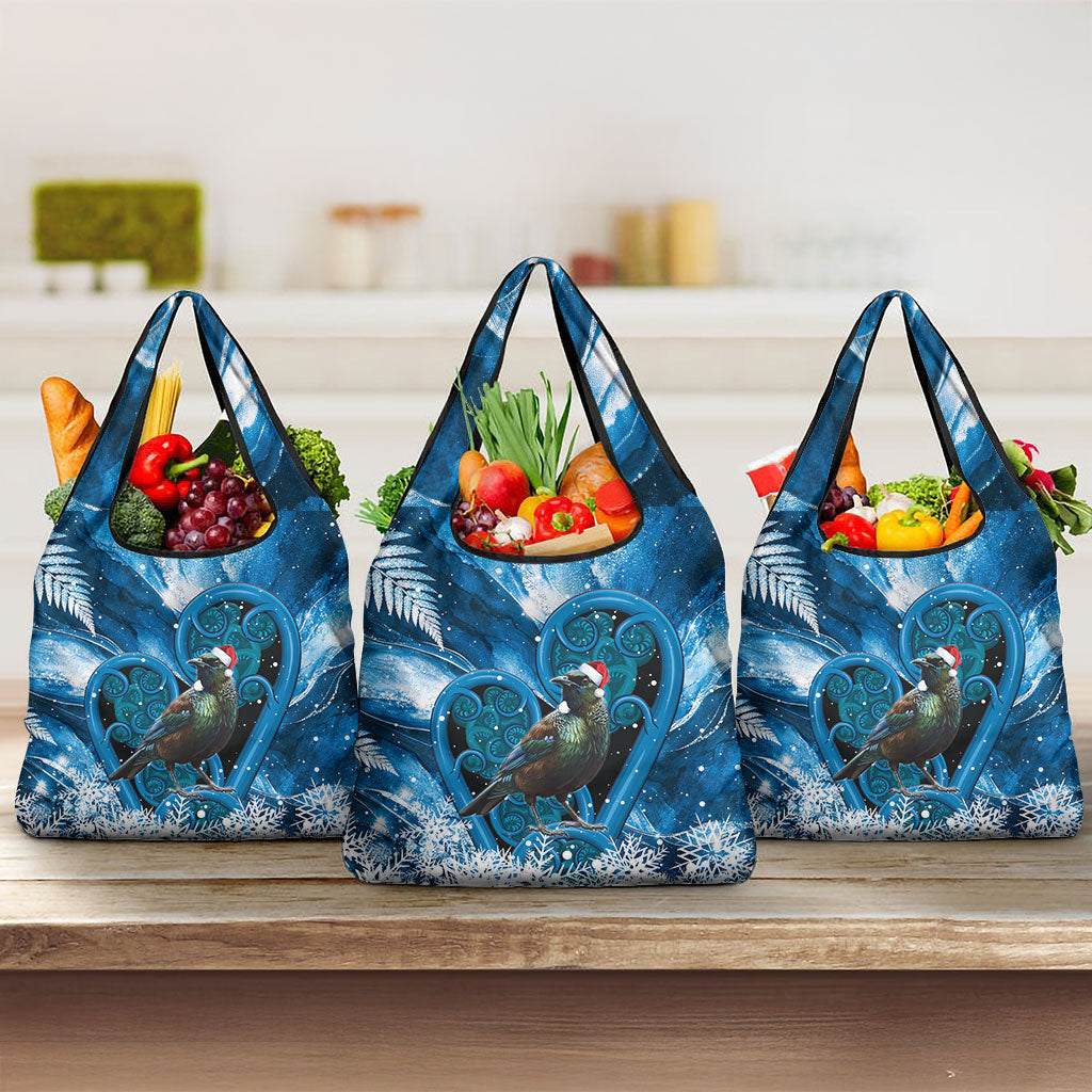 Tui Bird New Zealand Christmas In July Grocery Bag NZ Aroha Koru Fern Marble Vibes LT14 3-pack One Size Blue - Polynesian Pride