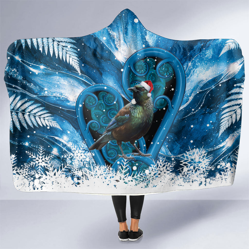 Tui Bird New Zealand Christmas In July Hooded Blanket NZ Aroha Koru Fern Marble Vibes LT14 One Size Blue - Polynesian Pride