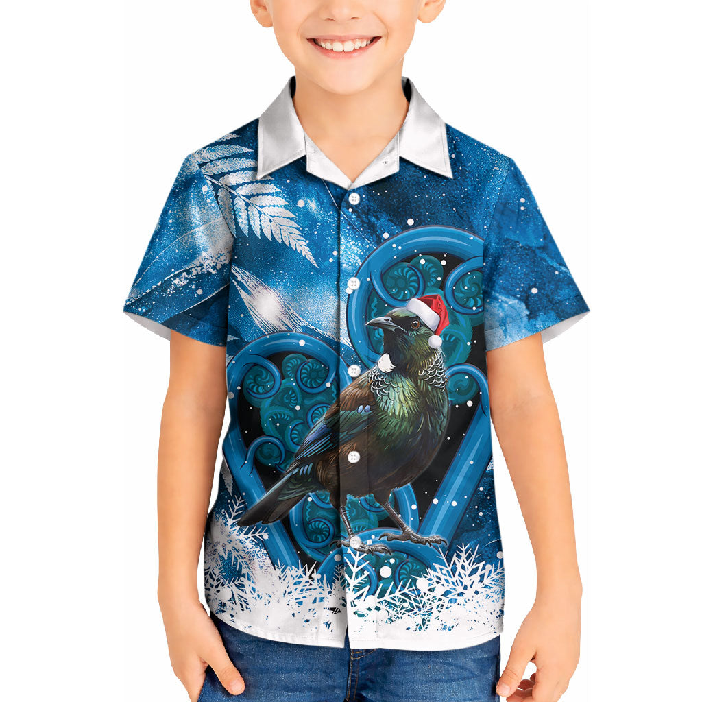 Tui Bird New Zealand Christmas In July Kid Hawaiian Shirt NZ Aroha Koru Fern Marble Vibes LT14 Kid Blue - Polynesian Pride