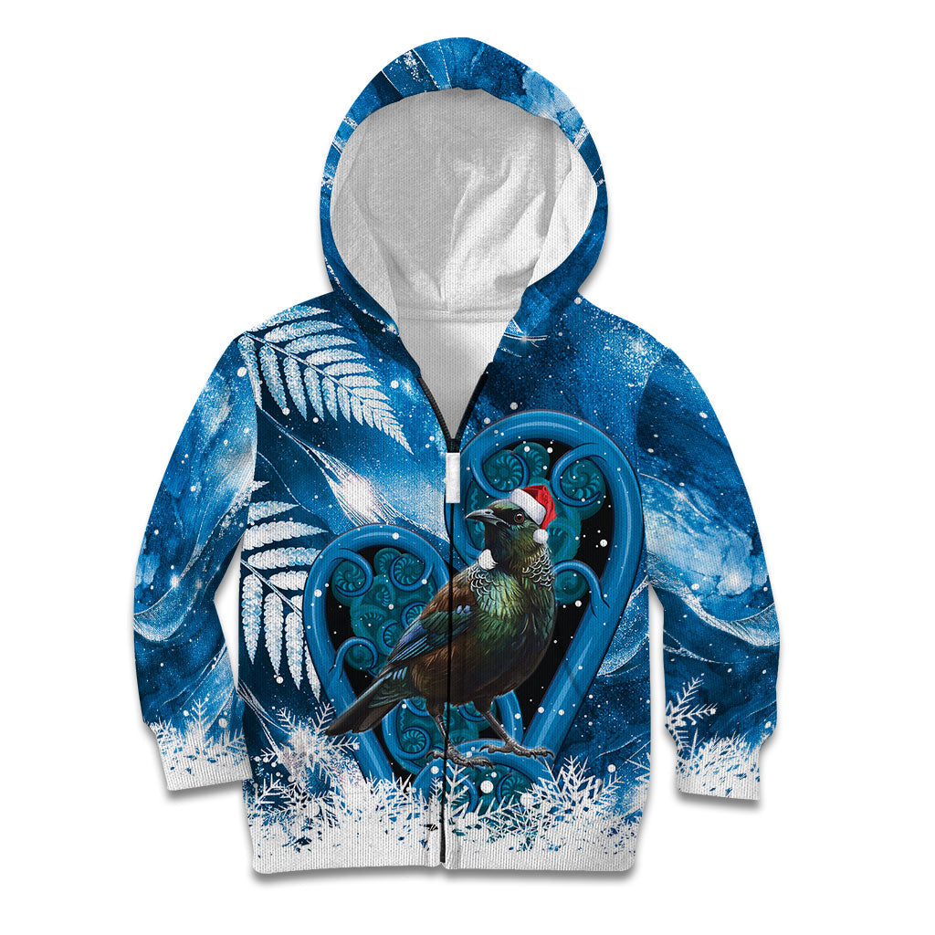 Tui Bird New Zealand Christmas In July Kid Hoodie NZ Aroha Koru Fern Marble Vibes LT14 Zip Hoodie Blue - Polynesian Pride