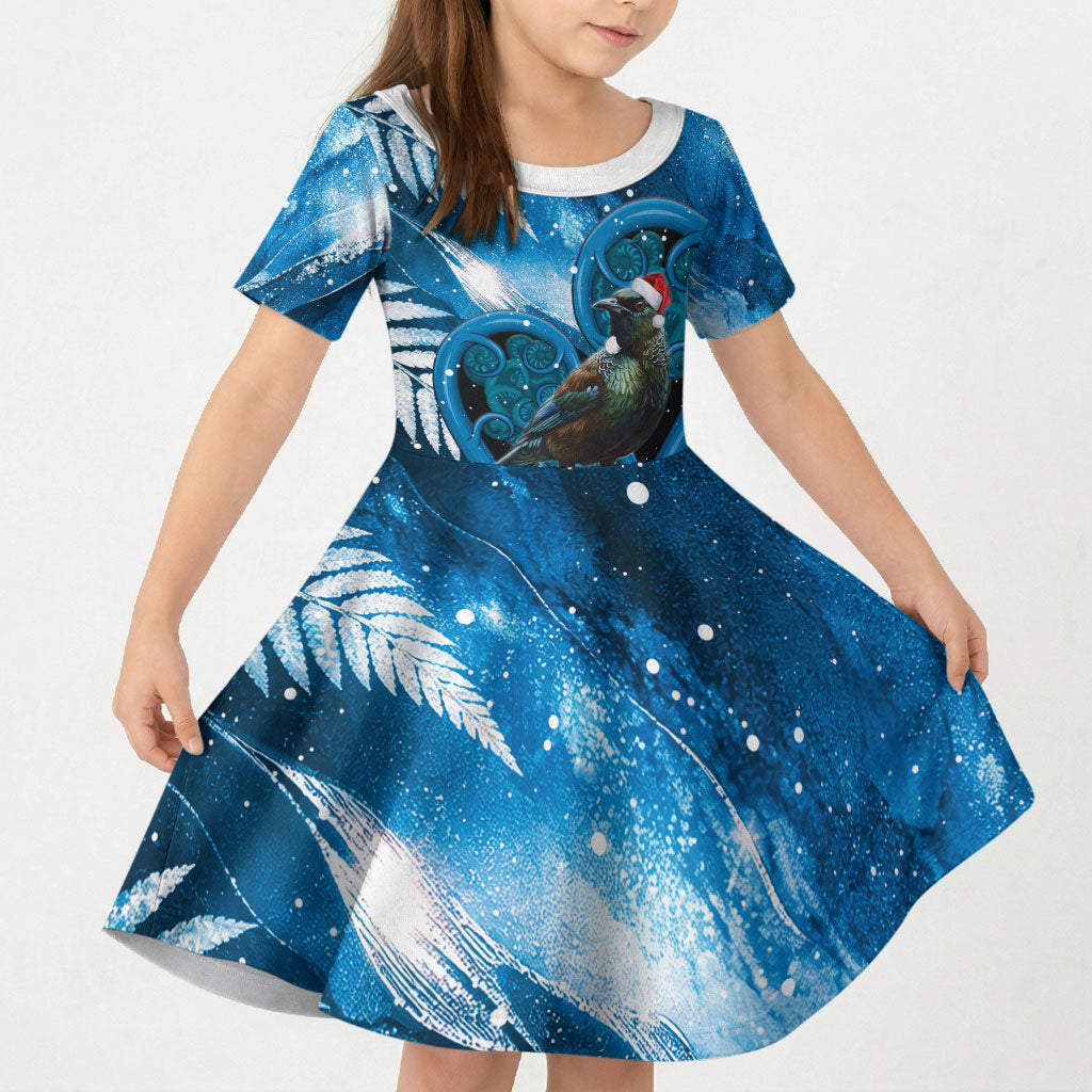 Tui Bird New Zealand Christmas In July Kid Short Sleeve Dress NZ Aroha Koru Fern Marble Vibes LT14 KID Blue - Polynesian Pride