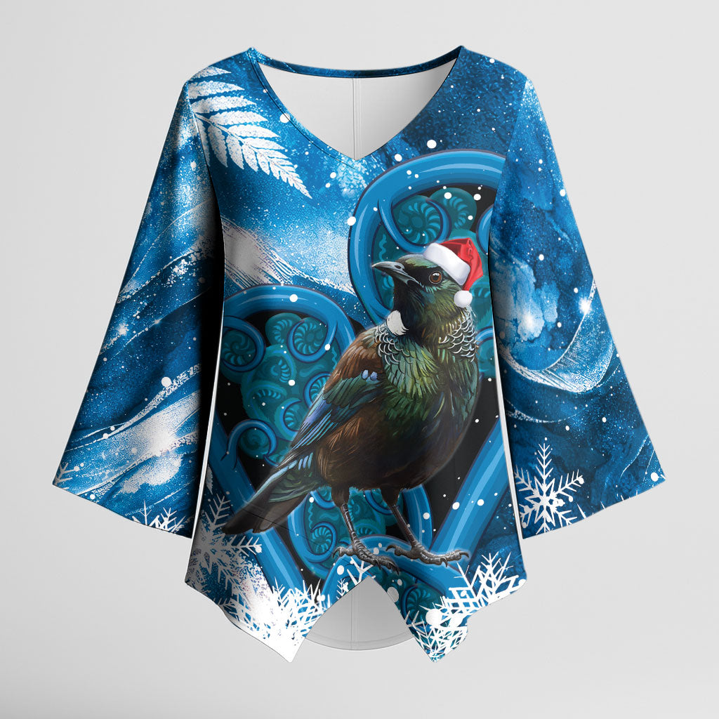 Tui Bird New Zealand Christmas In July Kimono Sleeve Blouse NZ Aroha Koru Fern Marble Vibes LT14 Female Blue - Polynesian Pride