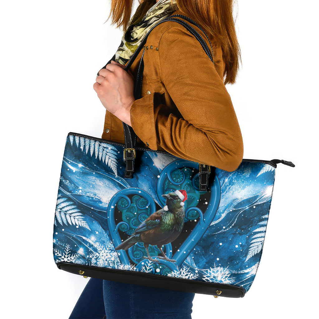 Tui Bird New Zealand Christmas In July Leather Tote Bag NZ Aroha Koru Fern Marble Vibes LT14 Blue - Polynesian Pride