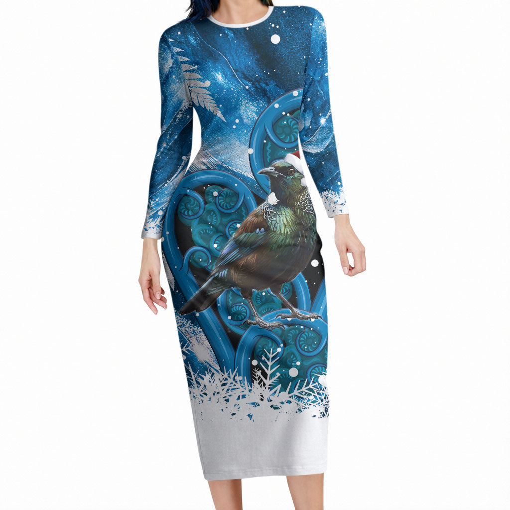 Tui Bird New Zealand Christmas In July Long Sleeve Bodycon Dress NZ Aroha Koru Fern Marble Vibes LT14 Long Dress Blue - Polynesian Pride