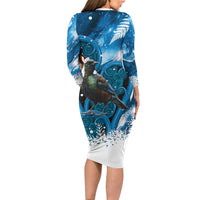 Tui Bird New Zealand Christmas In July Long Sleeve Bodycon Dress NZ Aroha Koru Fern Marble Vibes LT14 - Polynesian Pride
