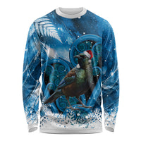 Tui Bird New Zealand Christmas In July Long Sleeve Shirt NZ Aroha Koru Fern Marble Vibes LT14 Unisex Blue - Polynesian Pride