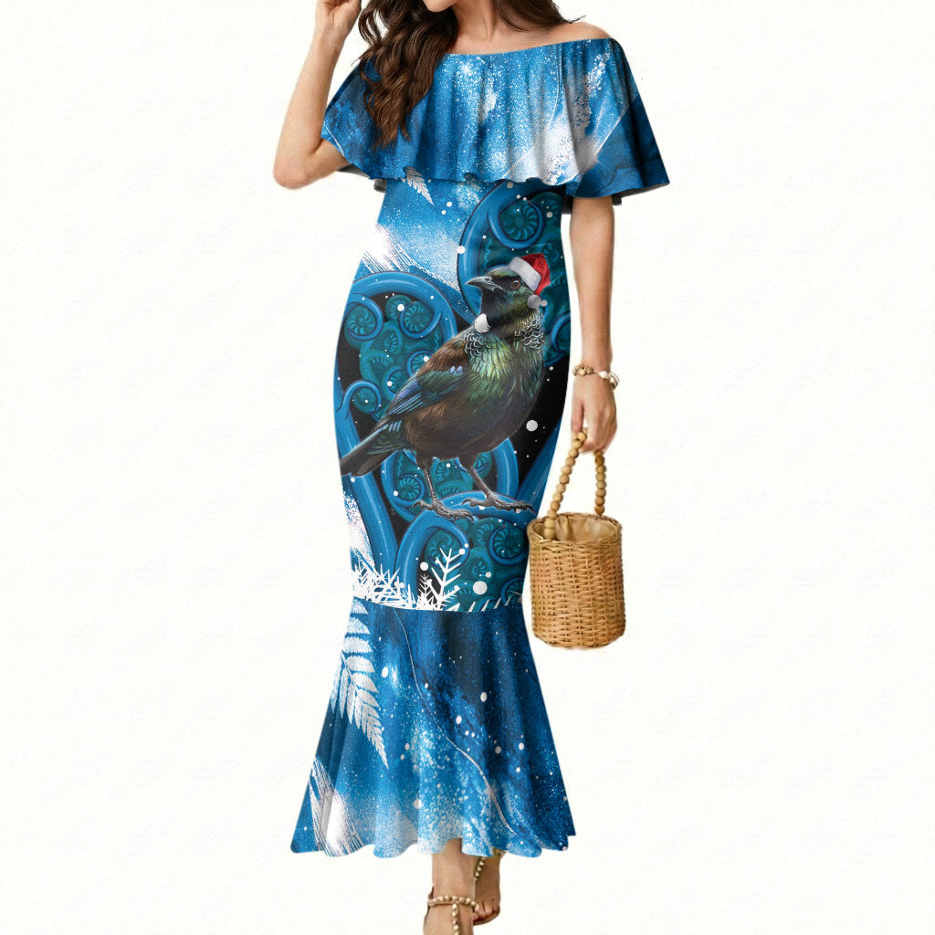 Tui Bird New Zealand Christmas In July Mermaid Dress NZ Aroha Koru Fern Marble Vibes LT14 Women Blue - Polynesian Pride