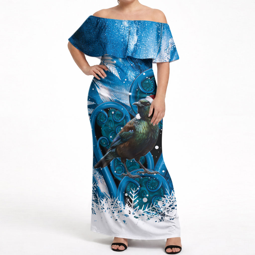 Tui Bird New Zealand Christmas In July Off Shoulder Maxi Dress NZ Aroha Koru Fern Marble Vibes LT14 Women Blue - Polynesian Pride