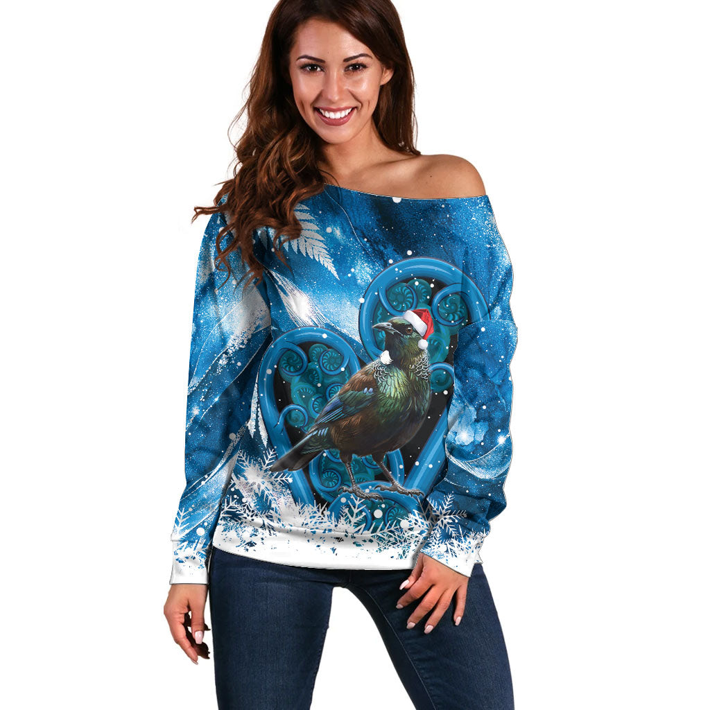 Tui Bird New Zealand Christmas In July Off Shoulder Sweater NZ Aroha Koru Fern Marble Vibes LT14 Women Blue - Polynesian Pride