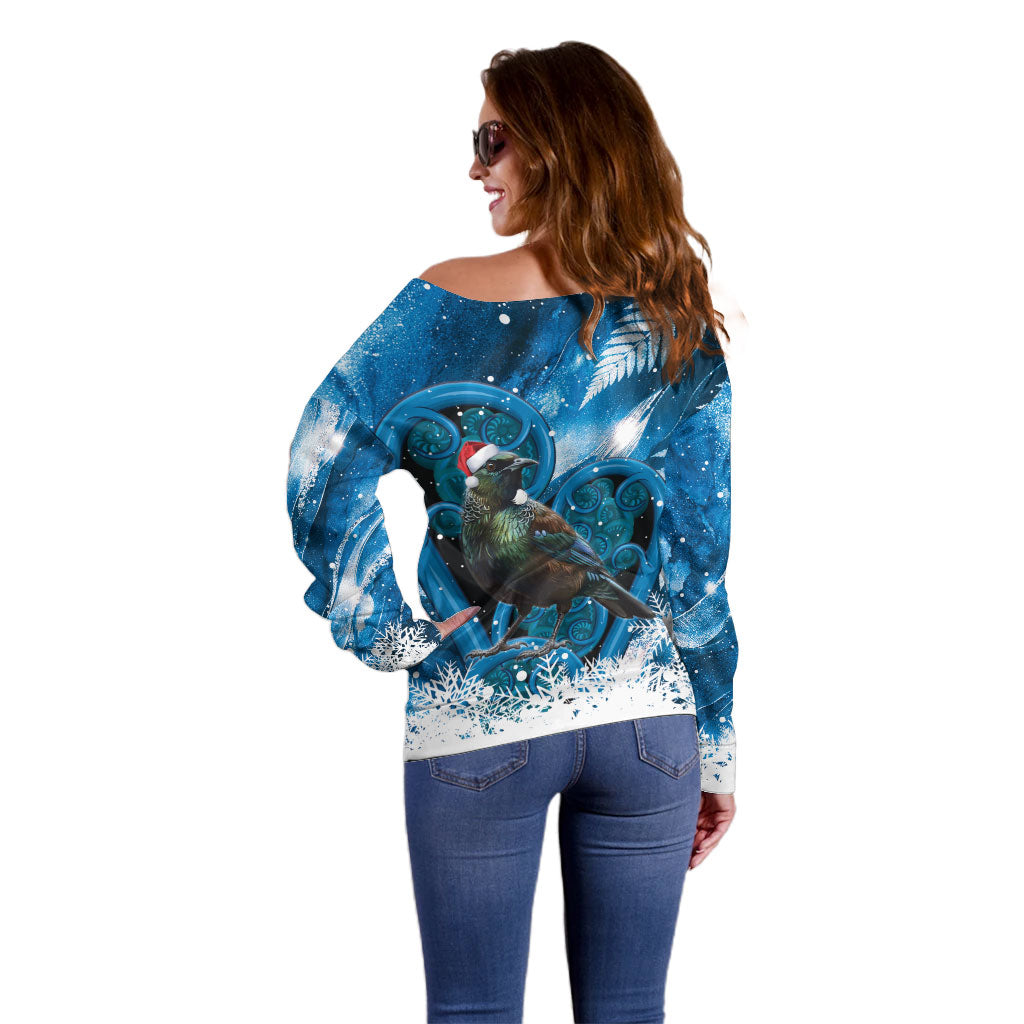 Tui Bird New Zealand Christmas In July Off Shoulder Sweater NZ Aroha Koru Fern Marble Vibes LT14 - Polynesian Pride