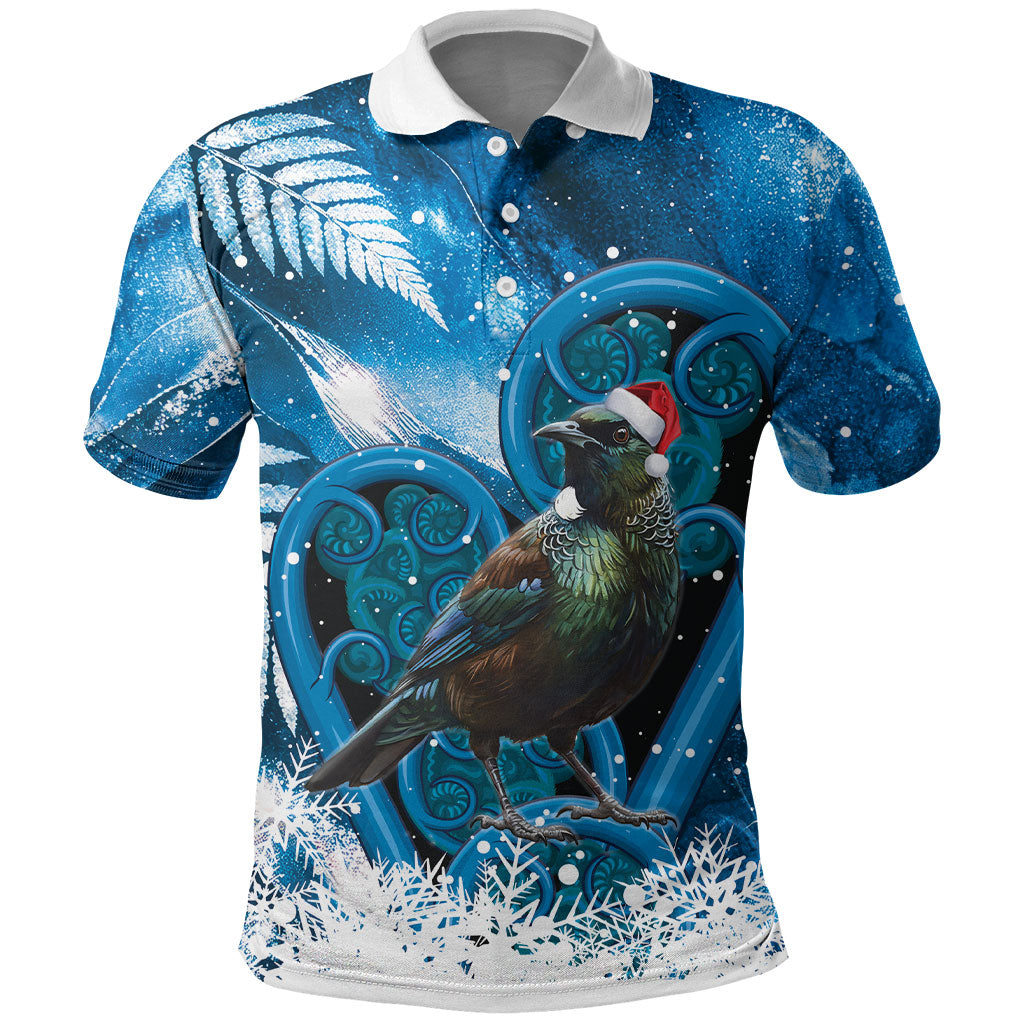 Tui Bird New Zealand Christmas In July Polo Shirt NZ Aroha Koru Fern Marble Vibes LT14 Blue - Polynesian Pride