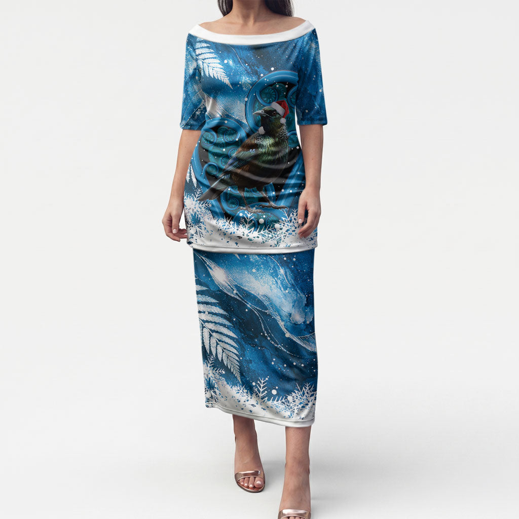 Tui Bird New Zealand Christmas In July Puletasi NZ Aroha Koru Fern Marble Vibes LT14 Long Dress Blue - Polynesian Pride