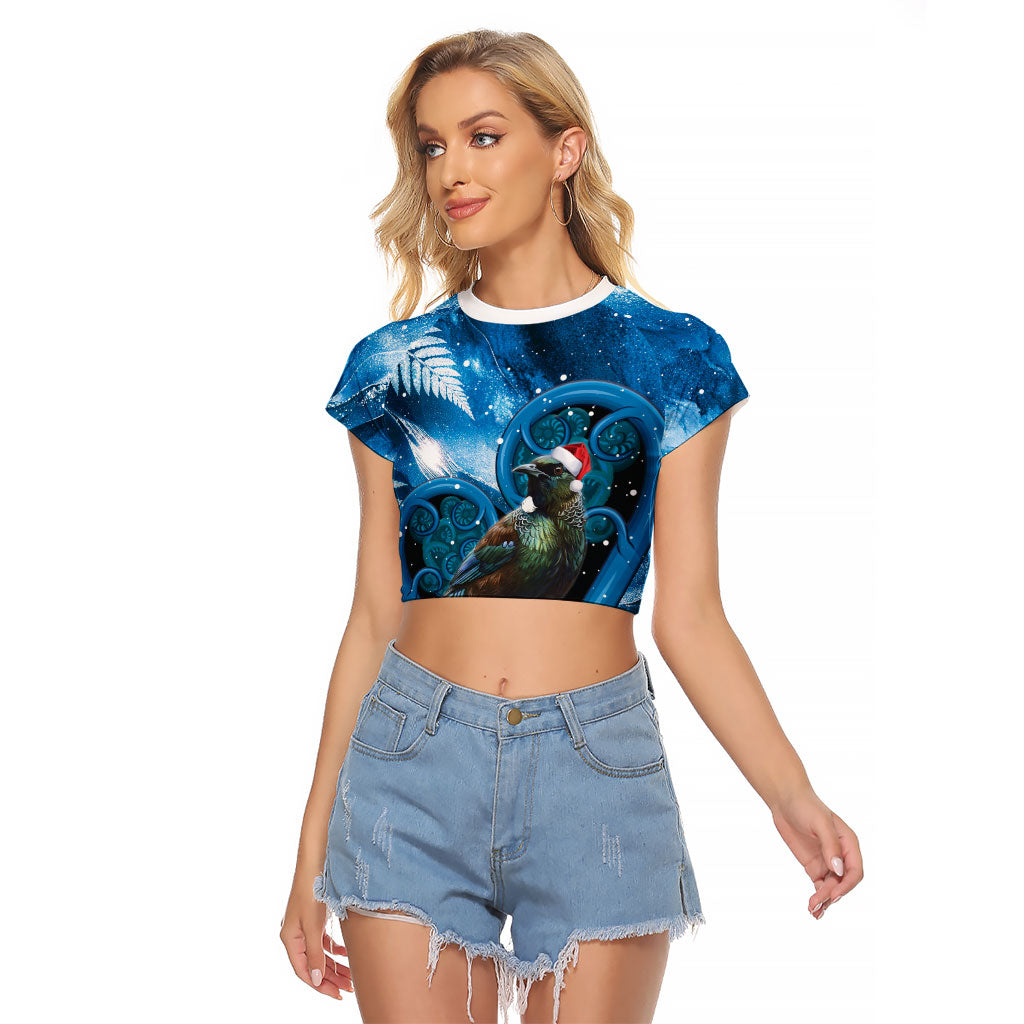 Tui Bird New Zealand Christmas In July Raglan Cropped T Shirt NZ Aroha Koru Fern Marble Vibes LT14 Female Blue - Polynesian Pride