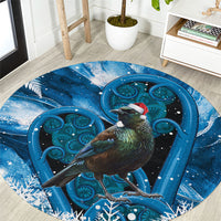 Tui Bird New Zealand Christmas In July Round Carpet NZ Aroha Koru Fern Marble Vibes LT14 Blue - Polynesian Pride