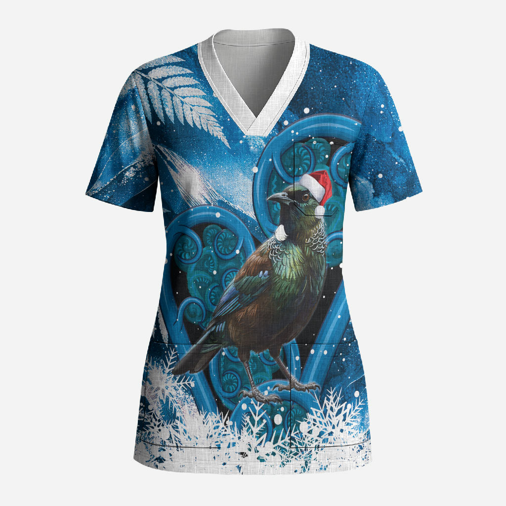 Tui Bird New Zealand Christmas In July Scrub Top NZ Aroha Koru Fern Marble Vibes LT14 Adult Blue - Polynesian Pride