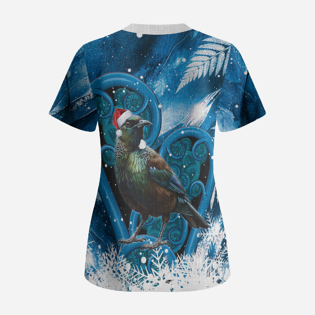 Tui Bird New Zealand Christmas In July Scrub Top NZ Aroha Koru Fern Marble Vibes LT14 - Polynesian Pride