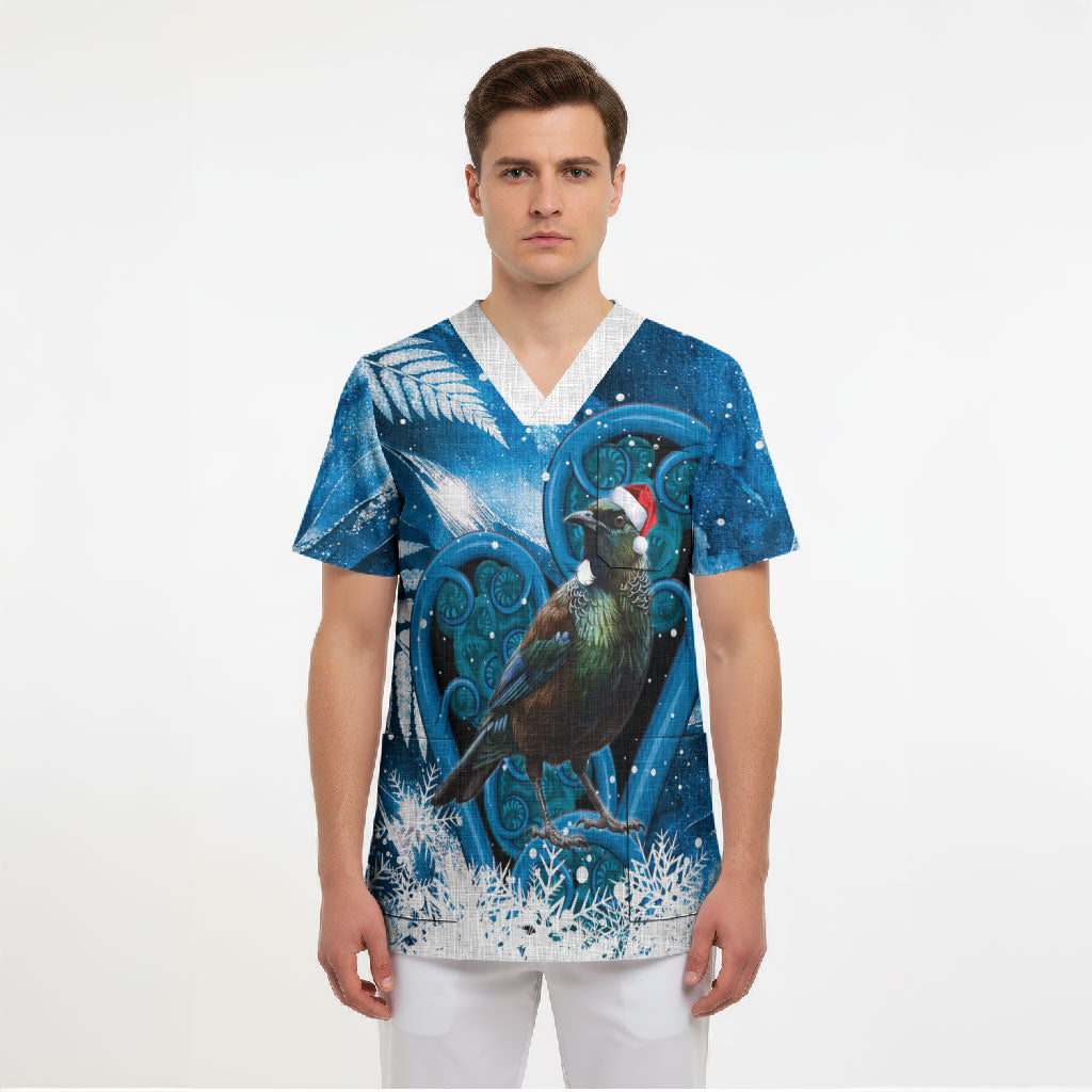 Tui Bird New Zealand Christmas In July Scrub Top NZ Aroha Koru Fern Marble Vibes LT14 - Polynesian Pride