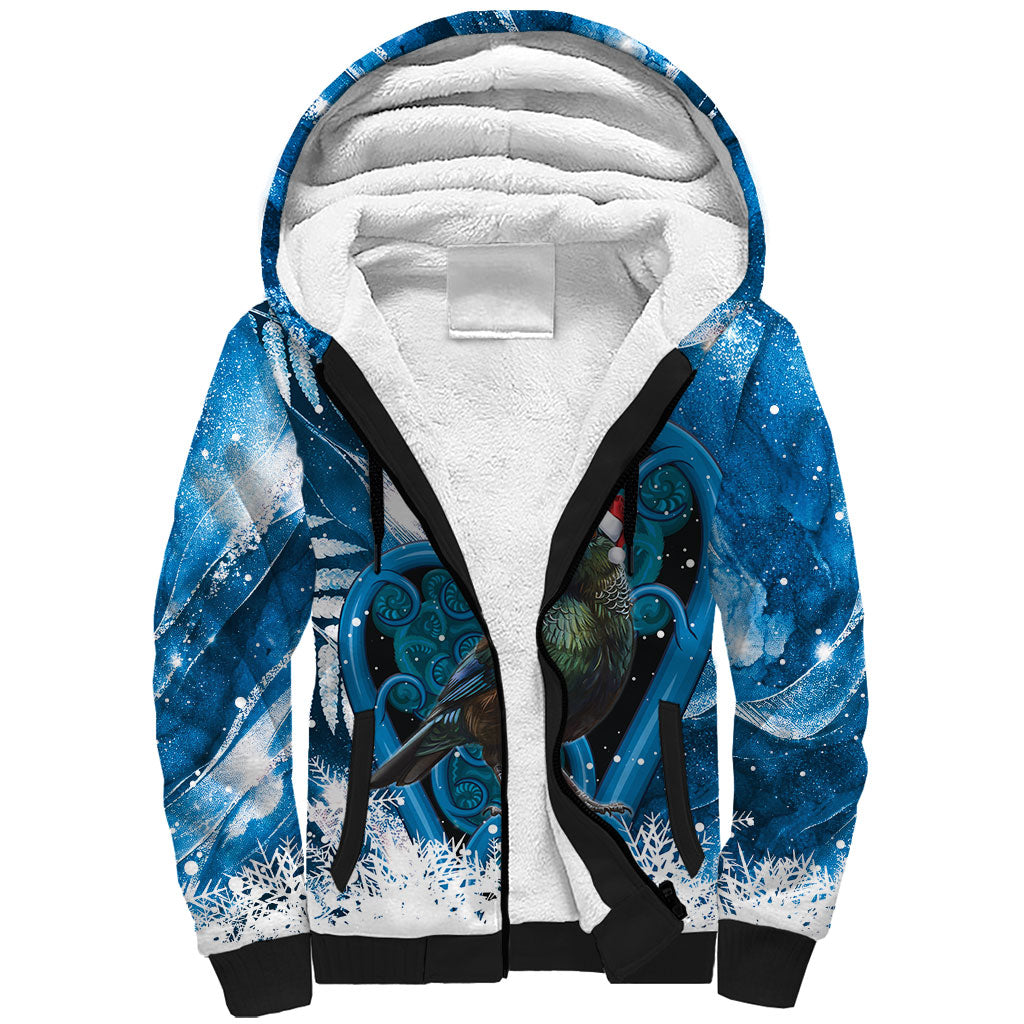 Tui Bird New Zealand Christmas In July Sherpa Hoodie NZ Aroha Koru Fern Marble Vibes LT14 Unisex Blue - Polynesian Pride
