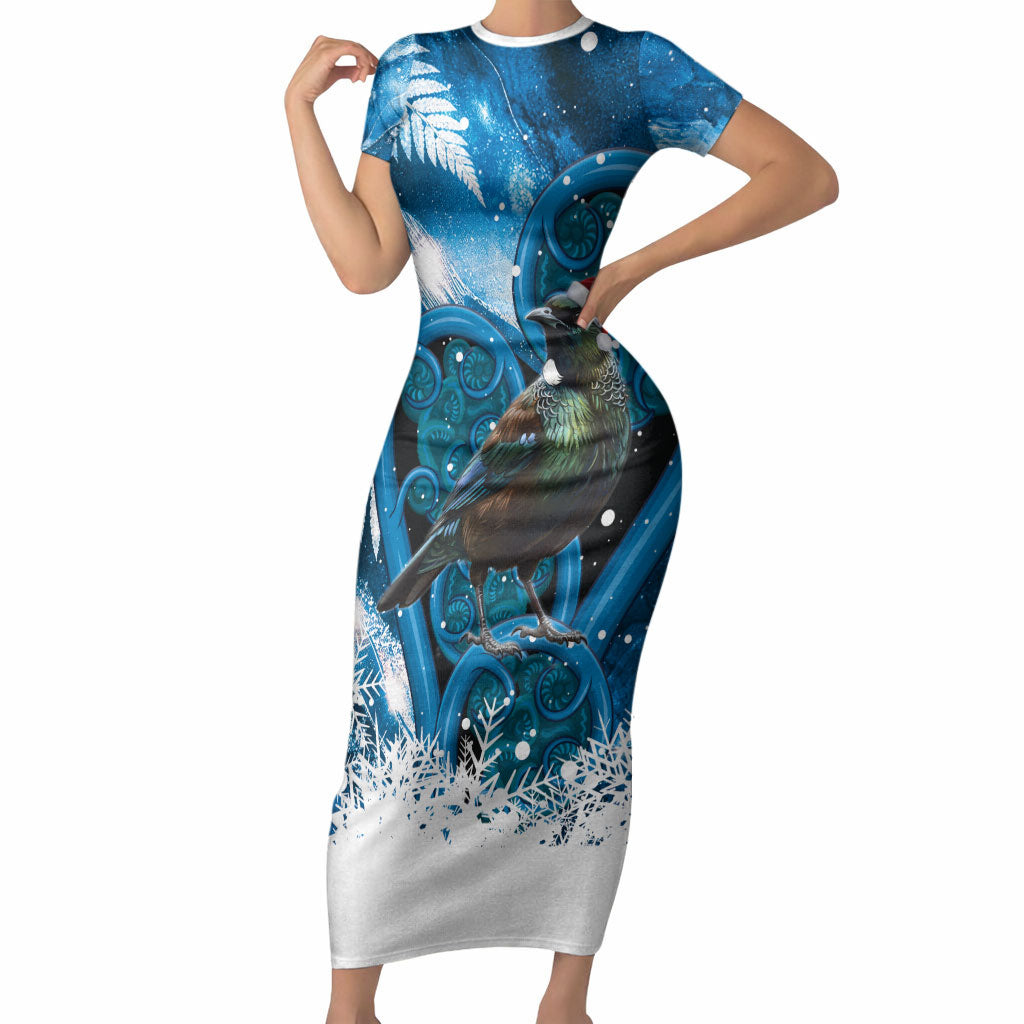 Tui Bird New Zealand Christmas In July Short Sleeve Bodycon Dress NZ Aroha Koru Fern Marble Vibes LT14 Long Dress Blue - Polynesian Pride