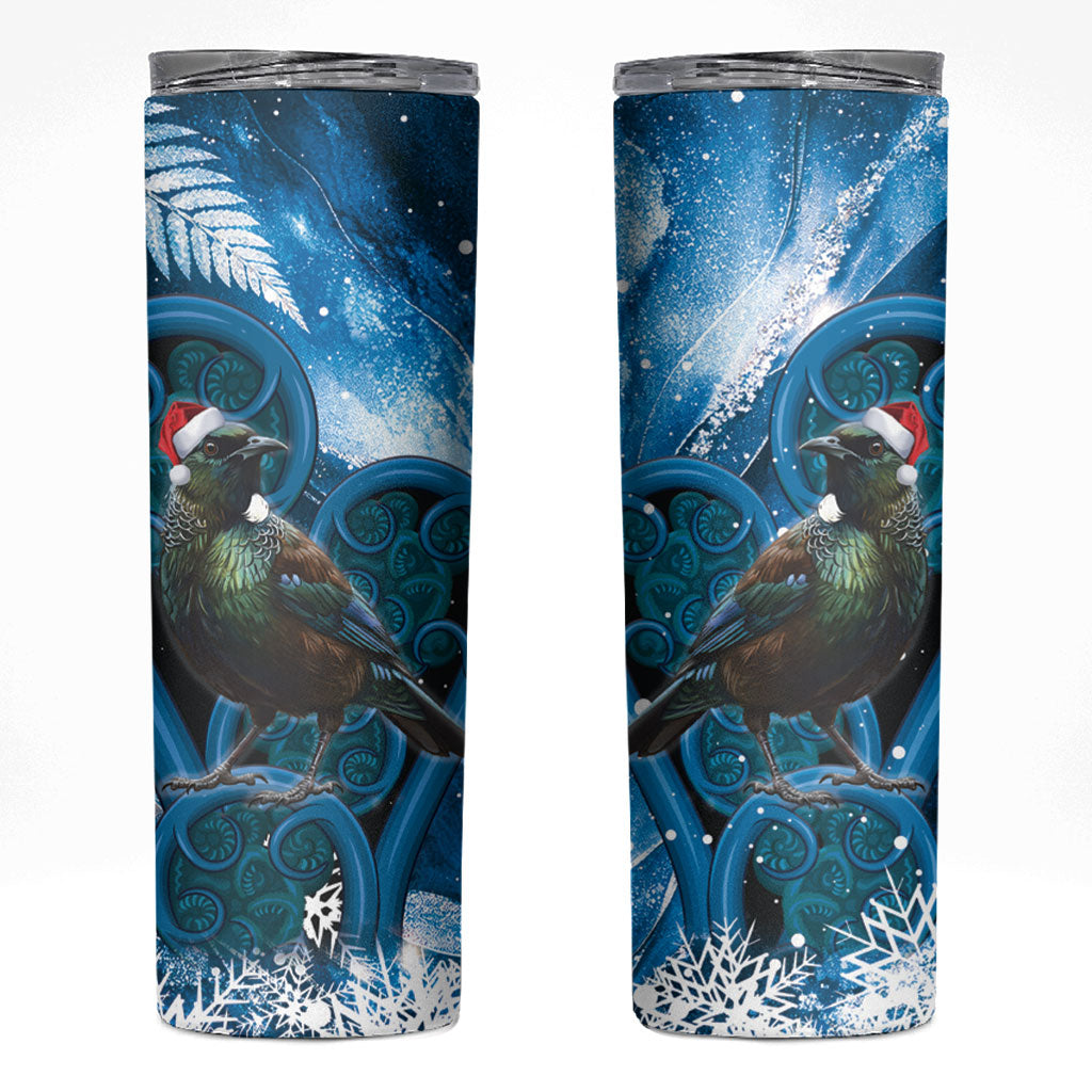 Tui Bird New Zealand Christmas In July Skinny Tumbler NZ Aroha Koru Fern Marble Vibes LT14 Blue - Polynesian Pride