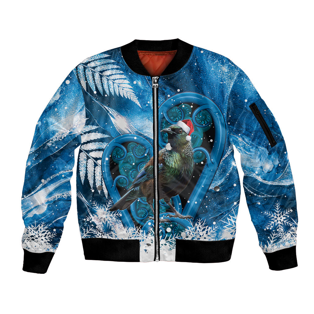 Tui Bird New Zealand Christmas In July Sleeve Zip Bomber Jacket NZ Aroha Koru Fern Marble Vibes LT14 Unisex Blue - Polynesian Pride