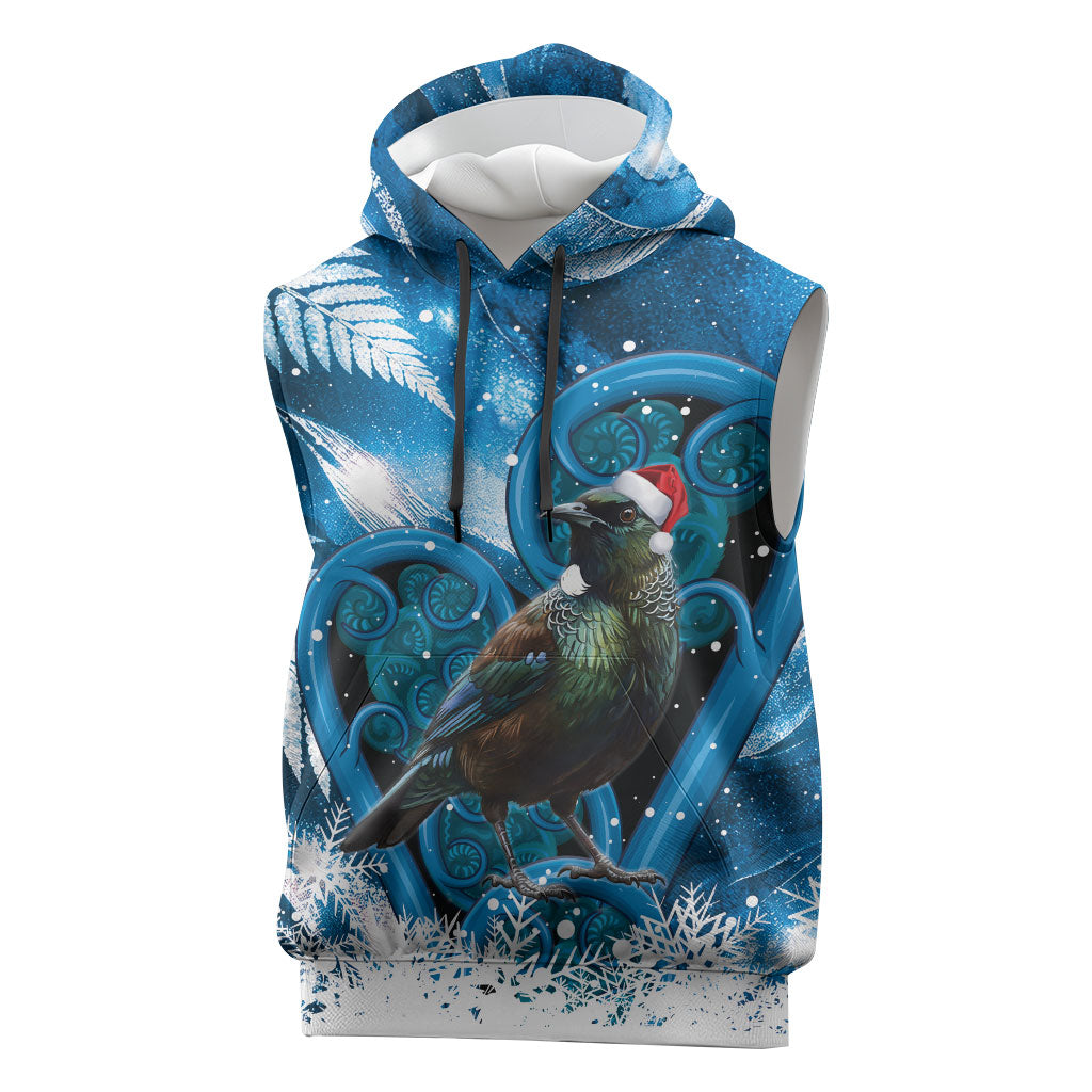 Tui Bird New Zealand Christmas In July Sleeveless Hoodie NZ Aroha Koru Fern Marble Vibes LT14 Blue - Polynesian Pride