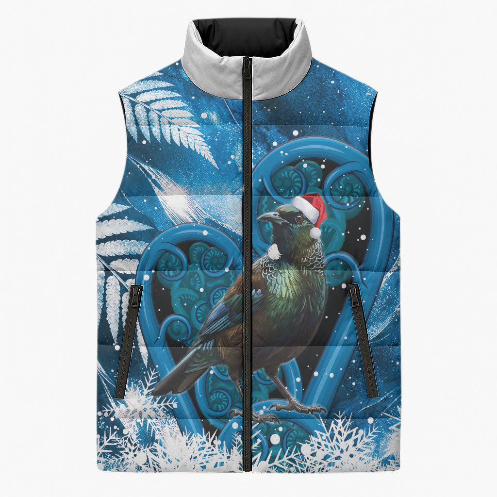 Tui Bird New Zealand Christmas In July Sleeveless Puffer Jacket NZ Aroha Koru Fern Marble Vibes LT14 Unisex Blue - Polynesian Pride