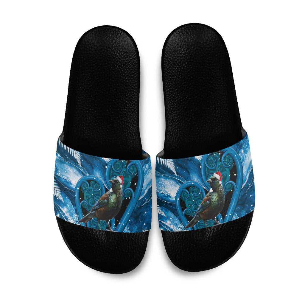 Tui Bird New Zealand Christmas In July Slide Sandals NZ Aroha Koru Fern Marble Vibes LT14 Blue - Polynesian Pride
