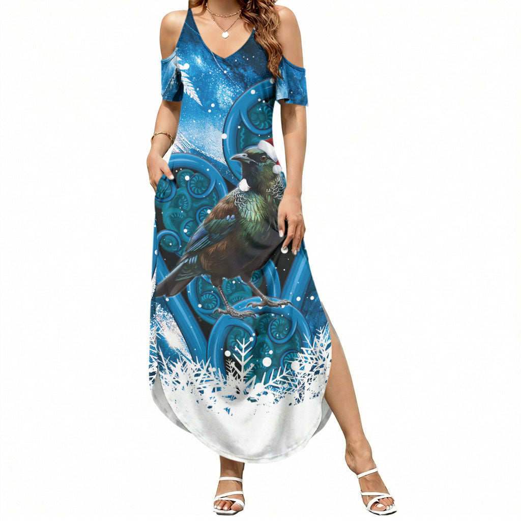 Tui Bird New Zealand Christmas In July Summer Maxi Dress NZ Aroha Koru Fern Marble Vibes LT14 Women Blue - Polynesian Pride