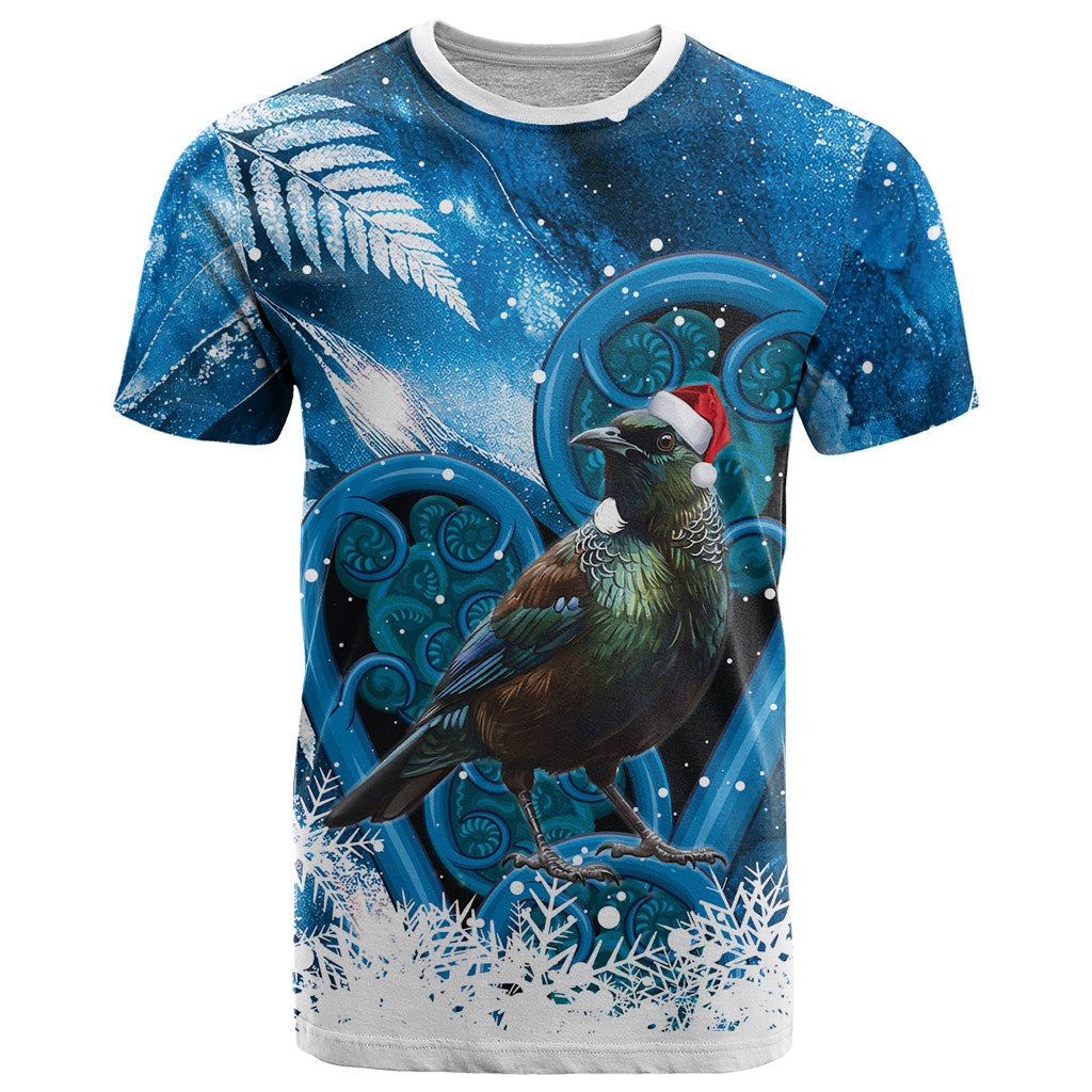 Tui Bird New Zealand Christmas In July T Shirt NZ Aroha Koru Fern Marble Vibes LT14 Blue - Polynesian Pride
