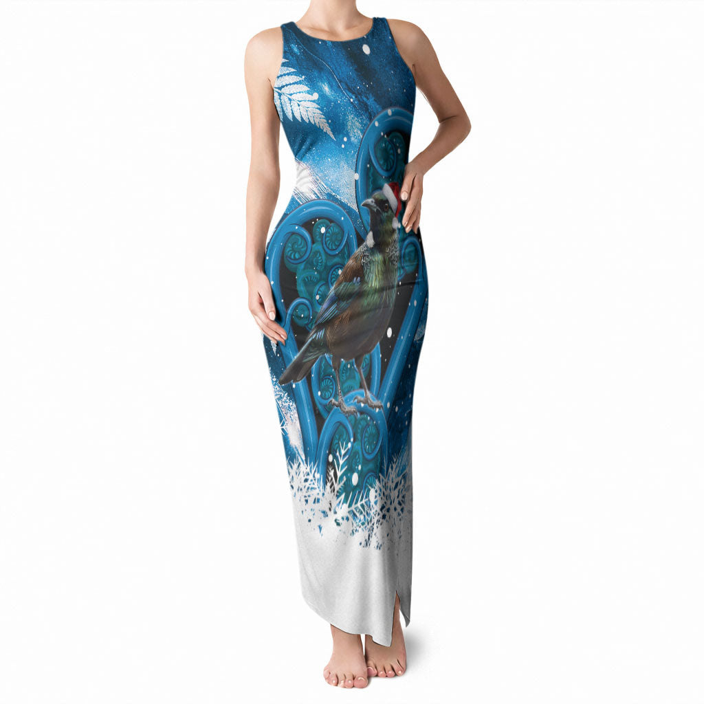 Tui Bird New Zealand Christmas In July Tank Maxi Dress NZ Aroha Koru Fern Marble Vibes LT14 Women Blue - Polynesian Pride