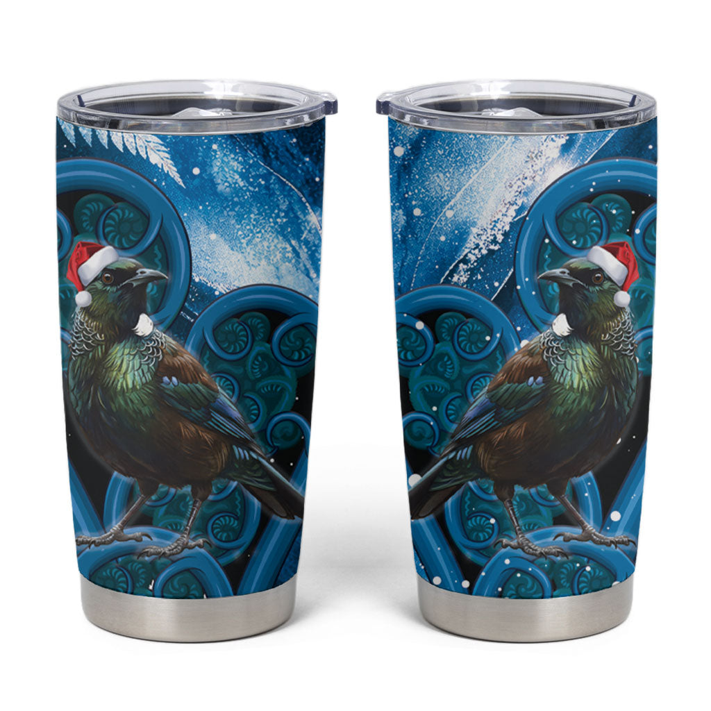 Tui Bird New Zealand Christmas In July Tumbler Cup NZ Aroha Koru Fern Marble Vibes LT14 Blue - Polynesian Pride