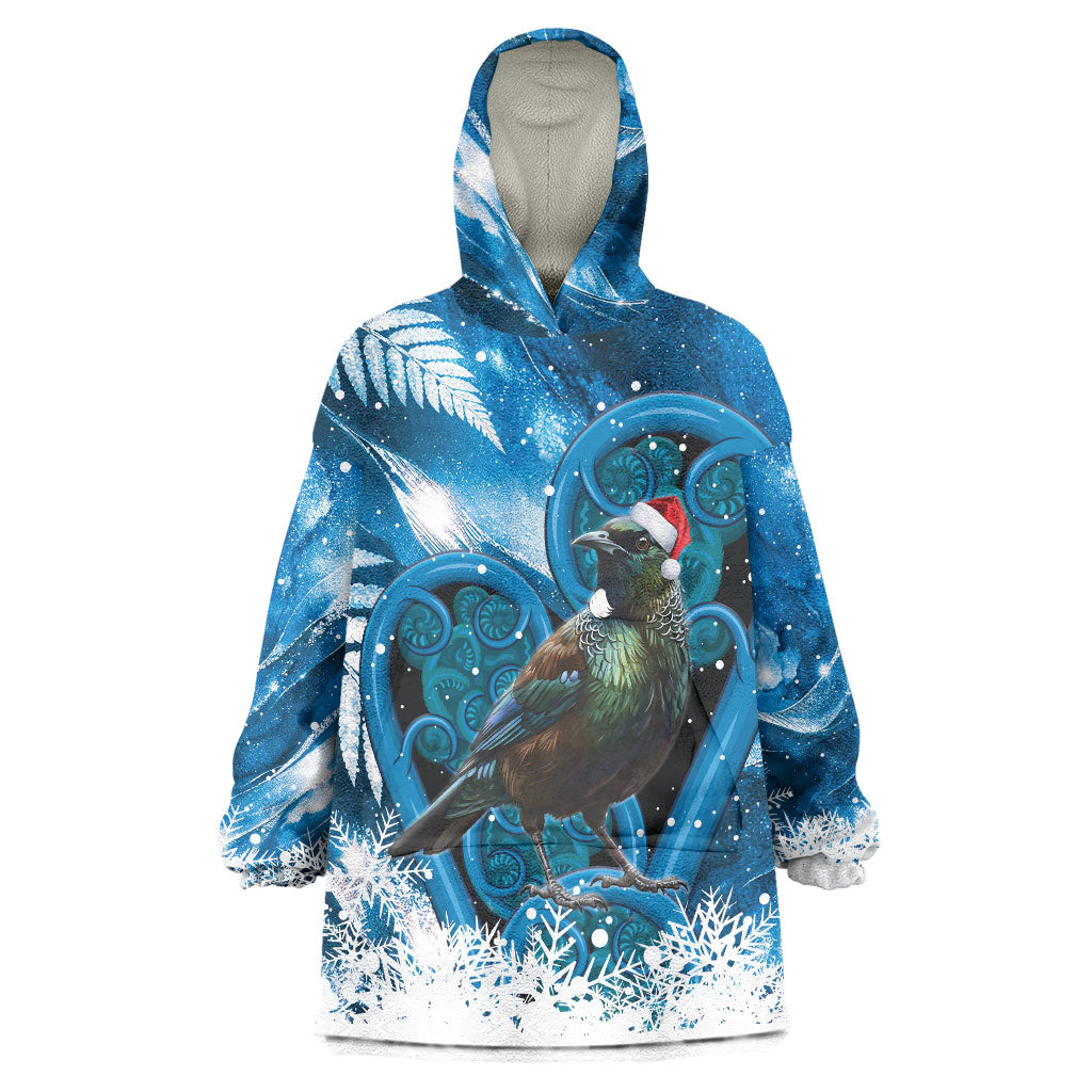 Tui Bird New Zealand Christmas In July Wearable Blanket Hoodie NZ Aroha Koru Fern Marble Vibes LT14 One Size Blue - Polynesian Pride