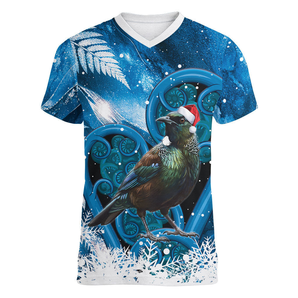 Tui Bird New Zealand Christmas In July Women V-Neck T-Shirt NZ Aroha Koru Fern Marble Vibes LT14 Female Blue - Polynesian Pride
