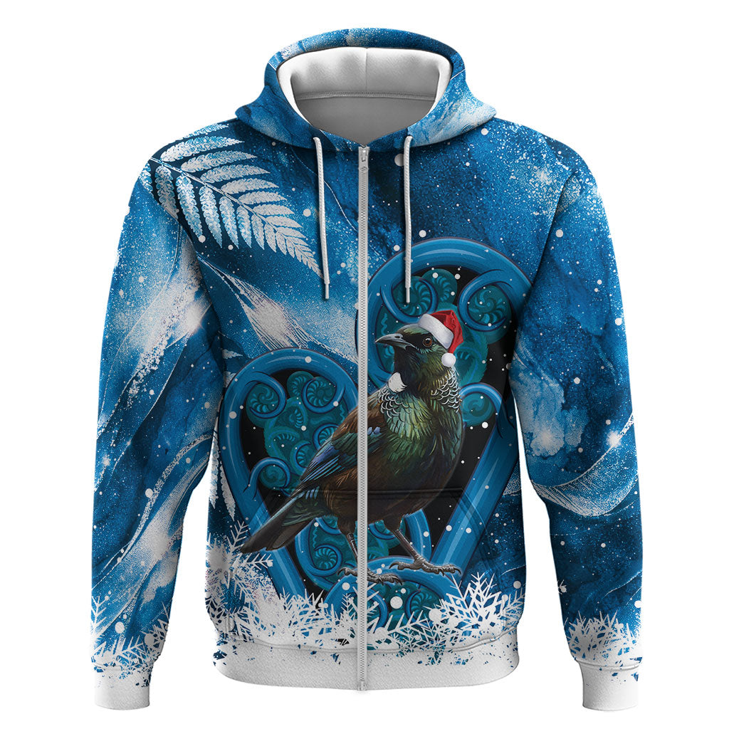 Tui Bird New Zealand Christmas In July Zip Hoodie NZ Aroha Koru Fern Marble Vibes LT14 Zip Hoodie Blue - Polynesian Pride