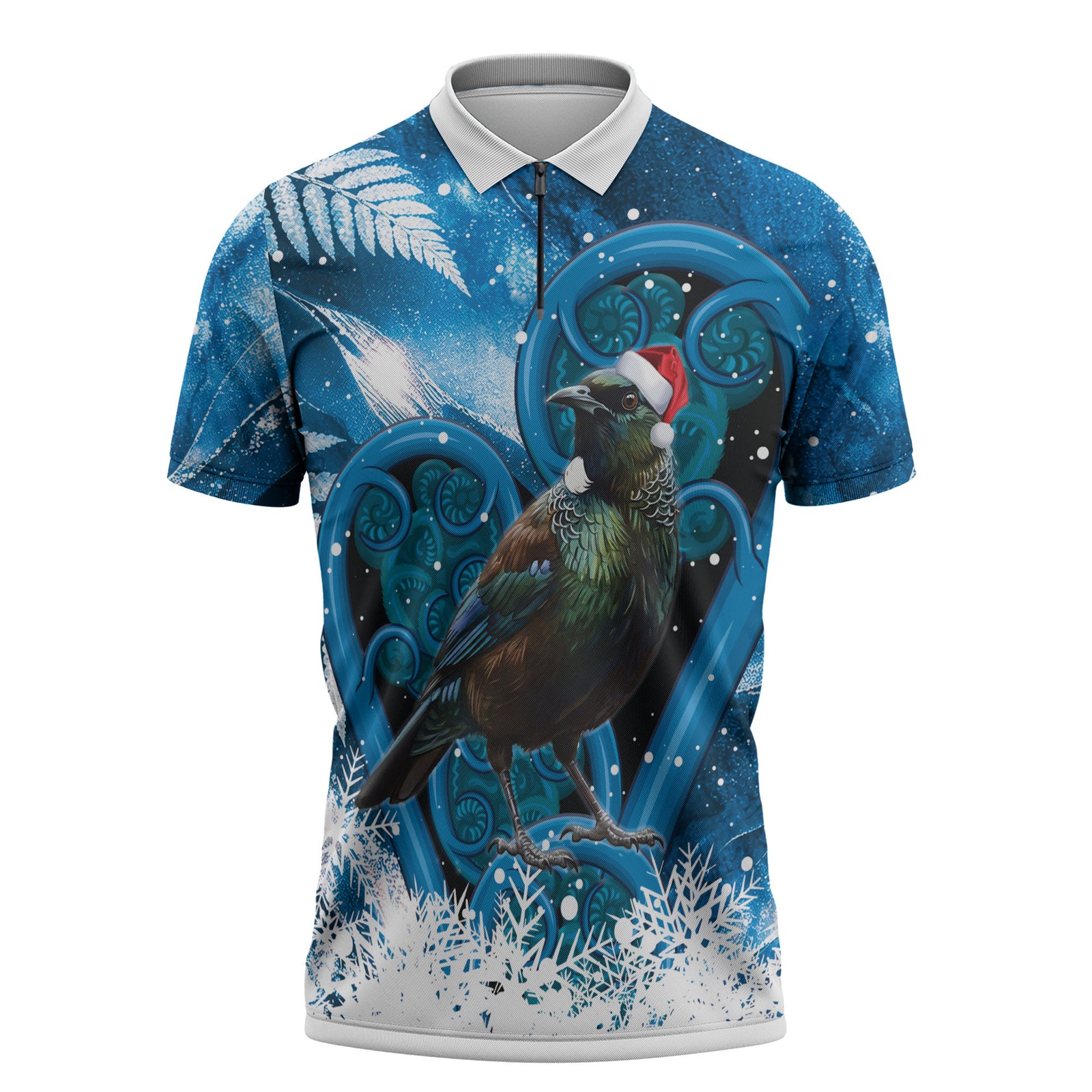 Tui Bird New Zealand Christmas In July Zipper Polo Shirt NZ Aroha Koru Fern Marble Vibes LT14 Blue - Polynesian Pride