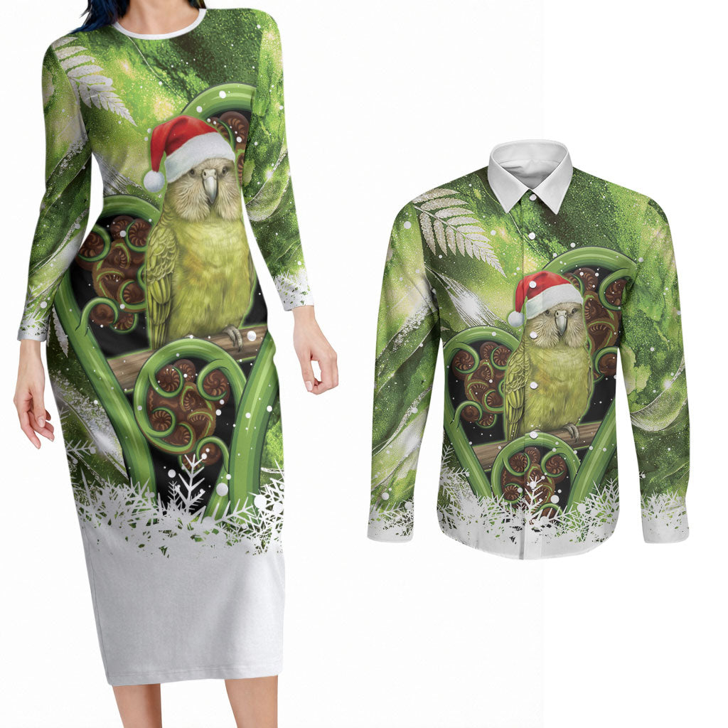Kakapo New Zealand Christmas In July Couples Matching Long Sleeve Bodycon Dress and Long Sleeve Button Shirt NZ Aroha Koru Fern Marble Vibes LT14 Green - Polynesian Pride