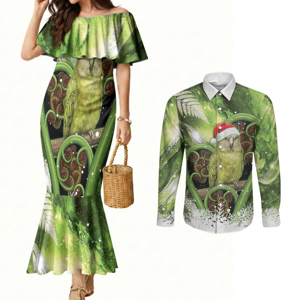 Kakapo New Zealand Christmas In July Couples Matching Mermaid Dress and Long Sleeve Button Shirt NZ Aroha Koru Fern Marble Vibes LT14 Green - Polynesian Pride