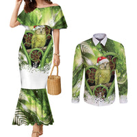 Kakapo New Zealand Christmas In July Couples Matching Mermaid Dress and Long Sleeve Button Shirt NZ Aroha Koru Fern Marble Vibes LT14 Green - Polynesian Pride